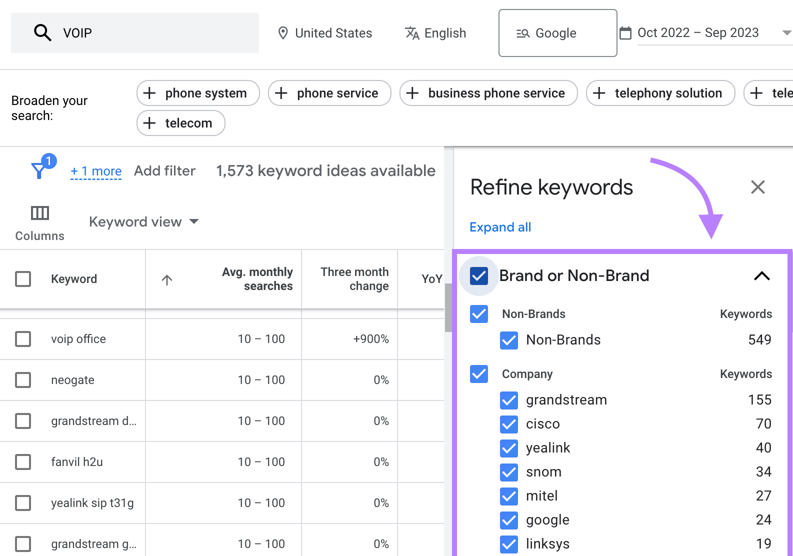 &ldquo;Refine keywords&rdquo; drop-down menu in Keyword Planner