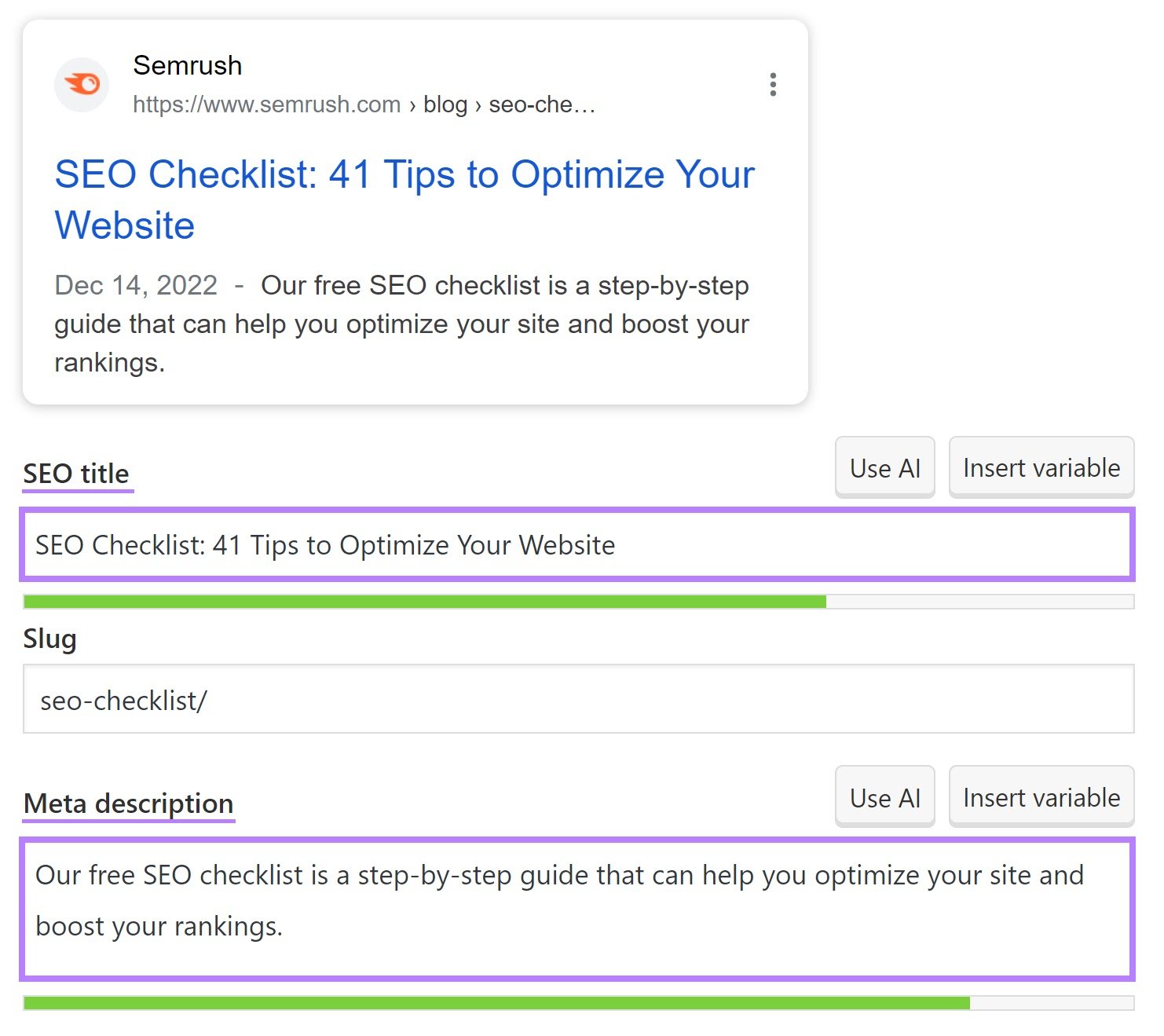 Yoast SEO plugin showing the &ldquo;SEO title&rdquo; and &ldquo;Meta description&rdquo; fields in Wordpress.