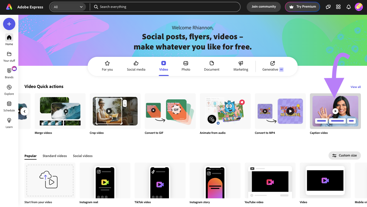 A screenshot of the Adobe Express dashboard with the video tab open and the caption tool selected.