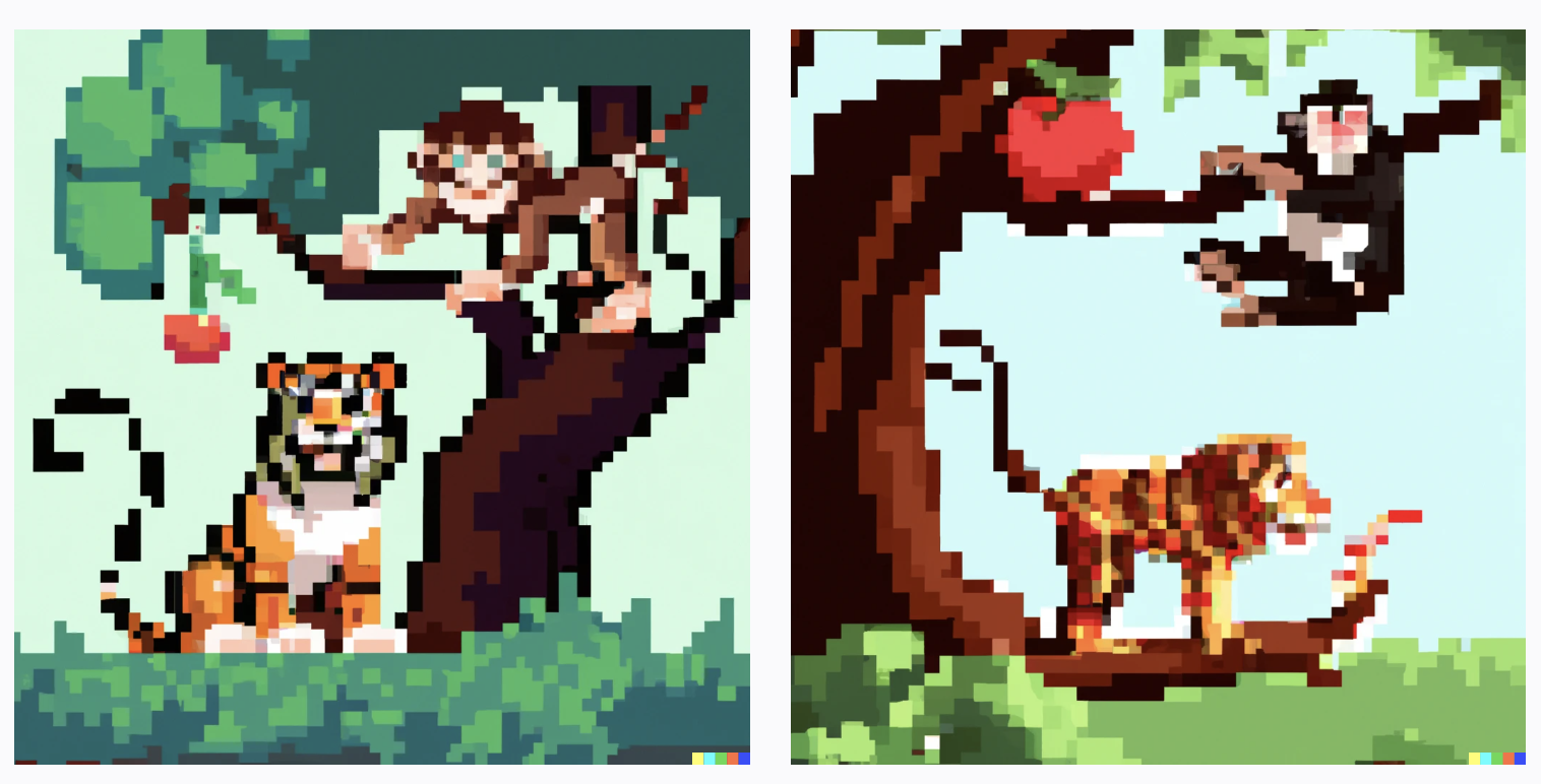 two image results for &ldquo;A tiger climbing a tree in the jungle with a monkey sitting on a branch eating an apple, pixel art&rdquo; prompt