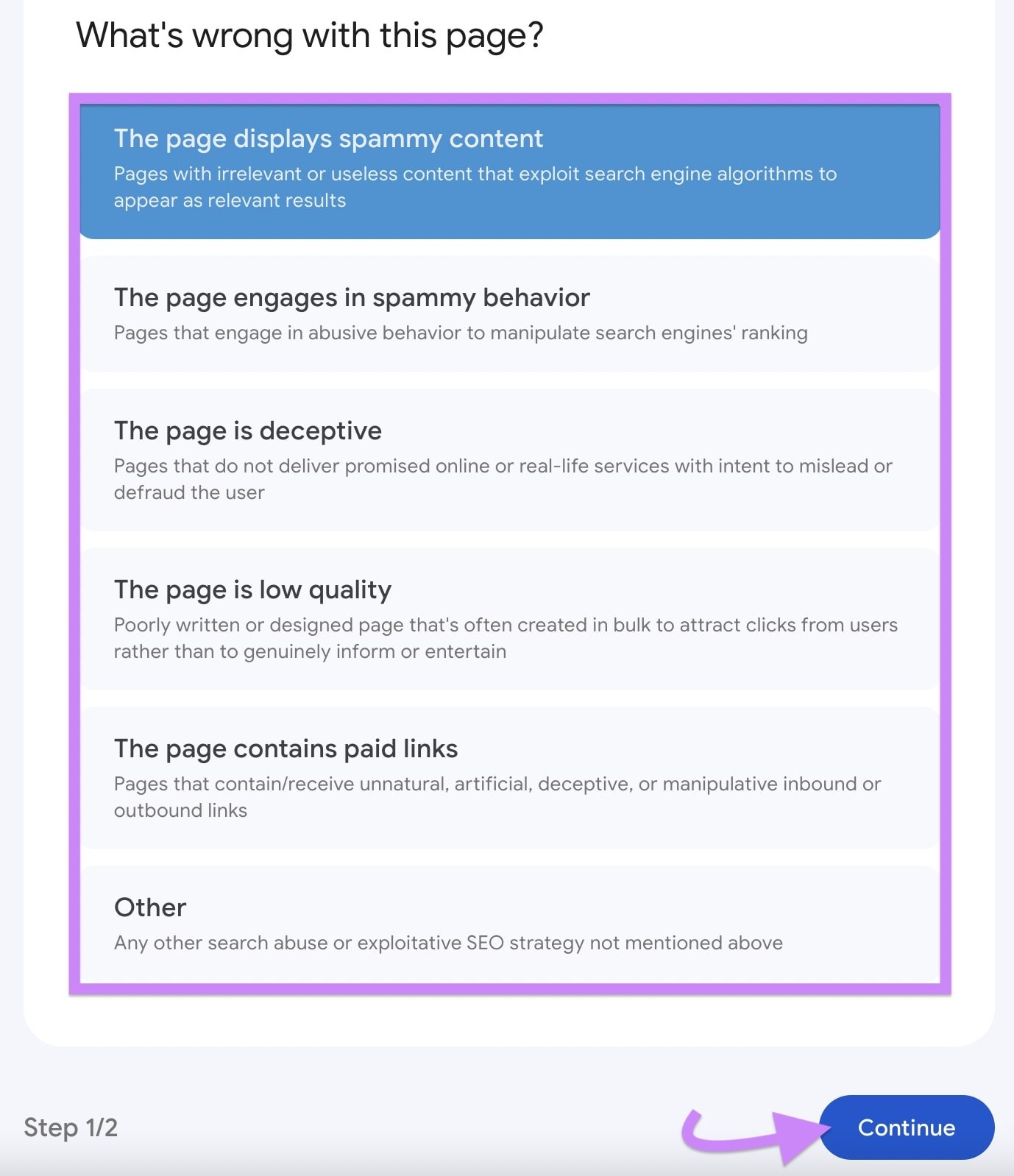 "What's wrong with this page?" section of Google&rsquo;s content spam form