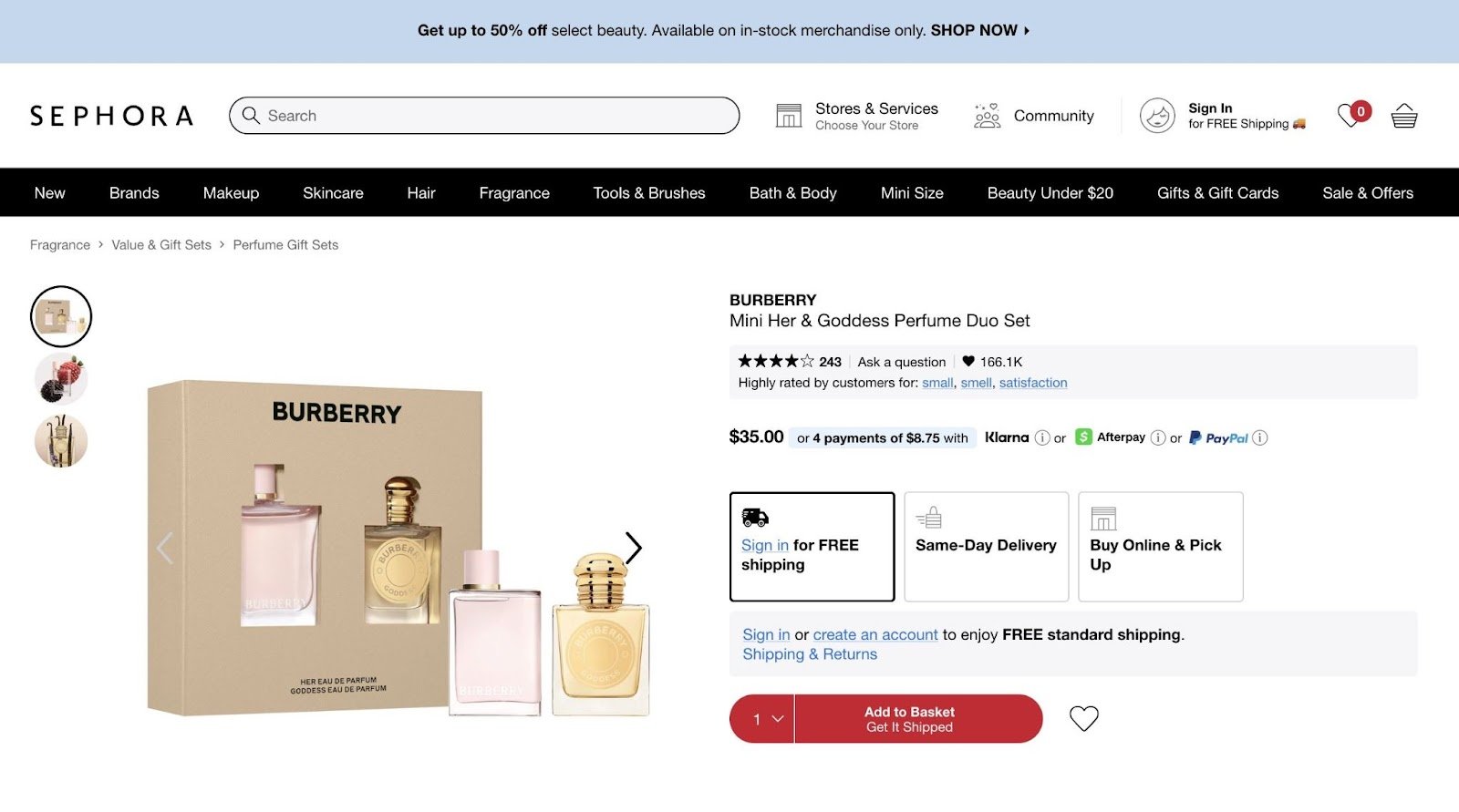 A product listing on business-to-consumer (B2C) ecommerce website, Sephora.