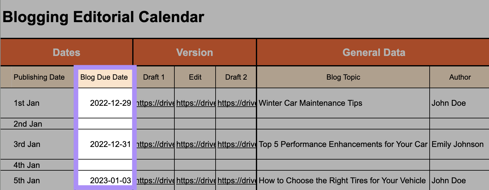 &ldquo;Blog Due Date&rdquo; column highlighted in blog calendar