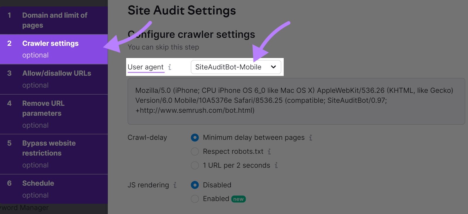 &ldquo;User agent&rdquo; set to &ldquo;SiteAuditBot-Mobile&rdquo; in Site Audit &ldquo;Crawler settings&rdquo;