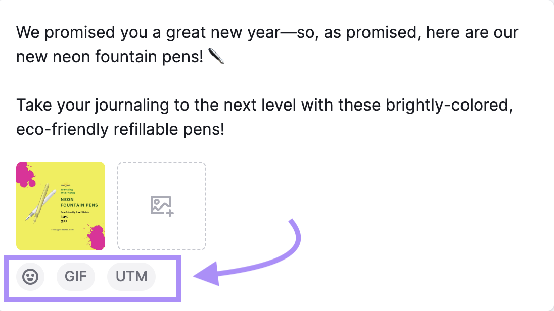 Emoji, GIF and UTM widgets highlighted in Semrush&rsquo;s Social Poster