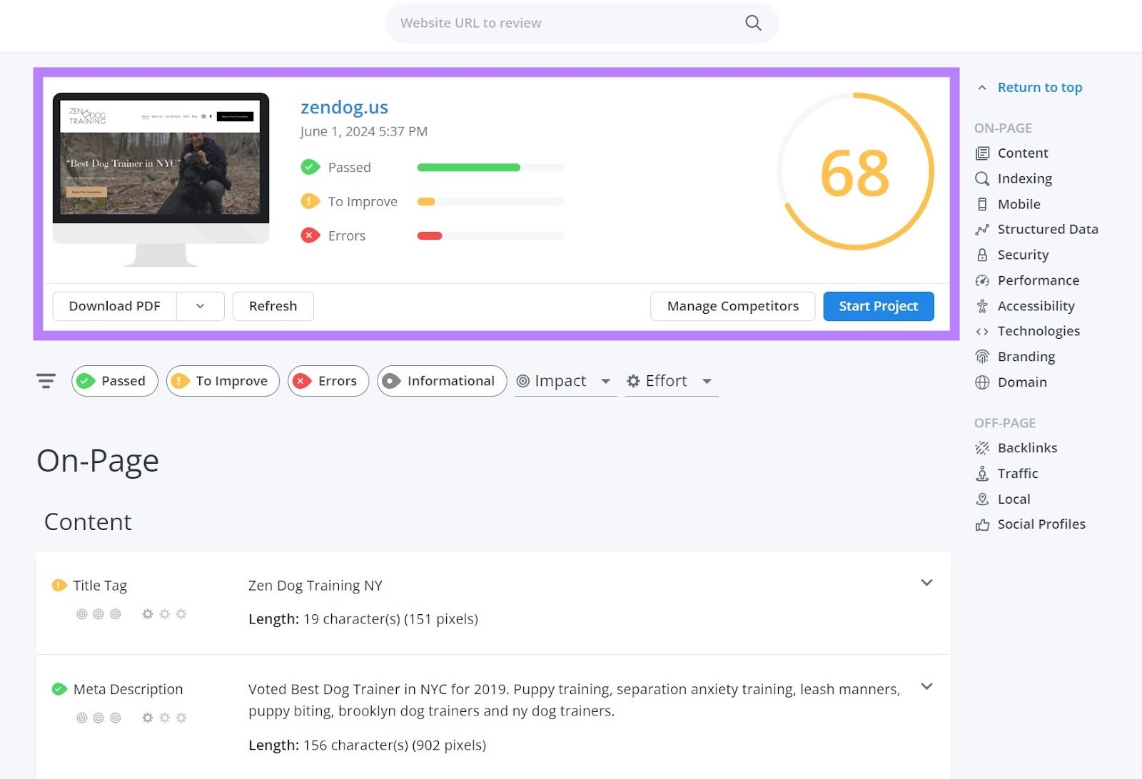 A site score out of 100 on WooRank along with suggestions for improvement.