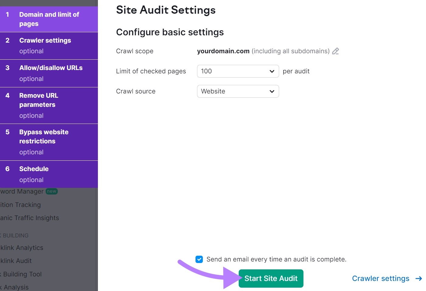 &ldquo;Start Site Audit" button highlighted