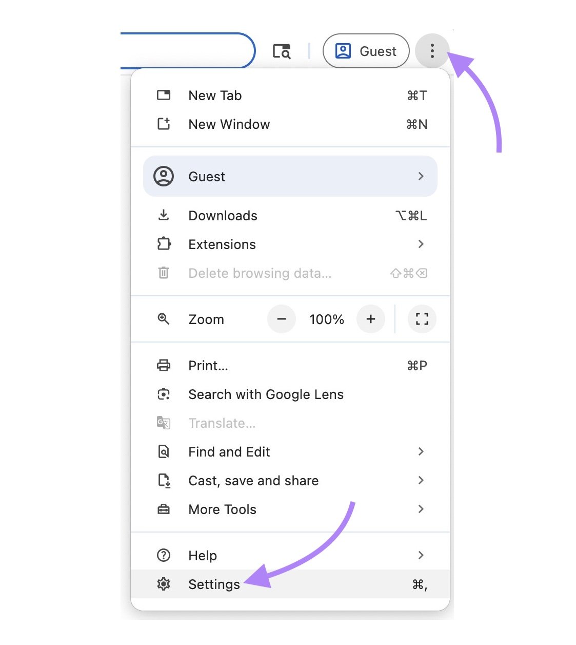The three dots icon clicked in the top right corner of the Chrome browser and "Settings" selected from the list.