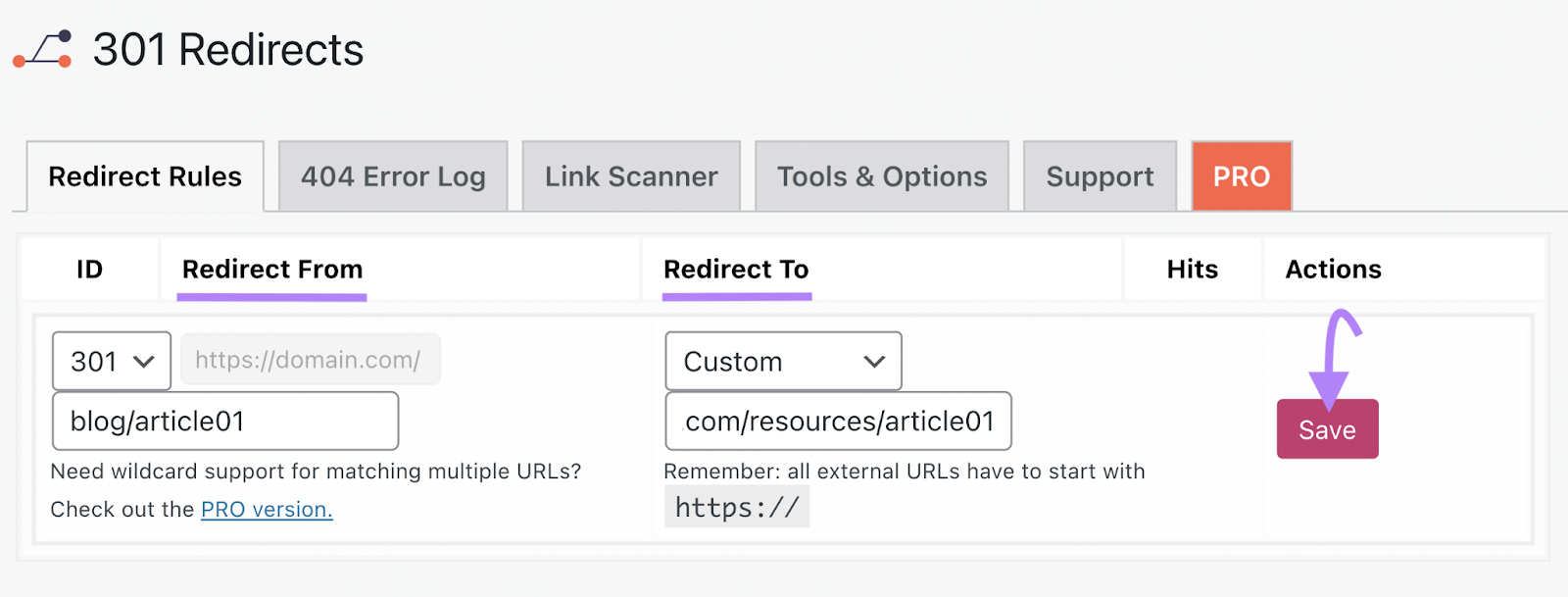 &ldquo;Redirect Rules&rdquo; tab with "redirect from" and "redirect to" bars highlighted on Easy Redirect Manager.
