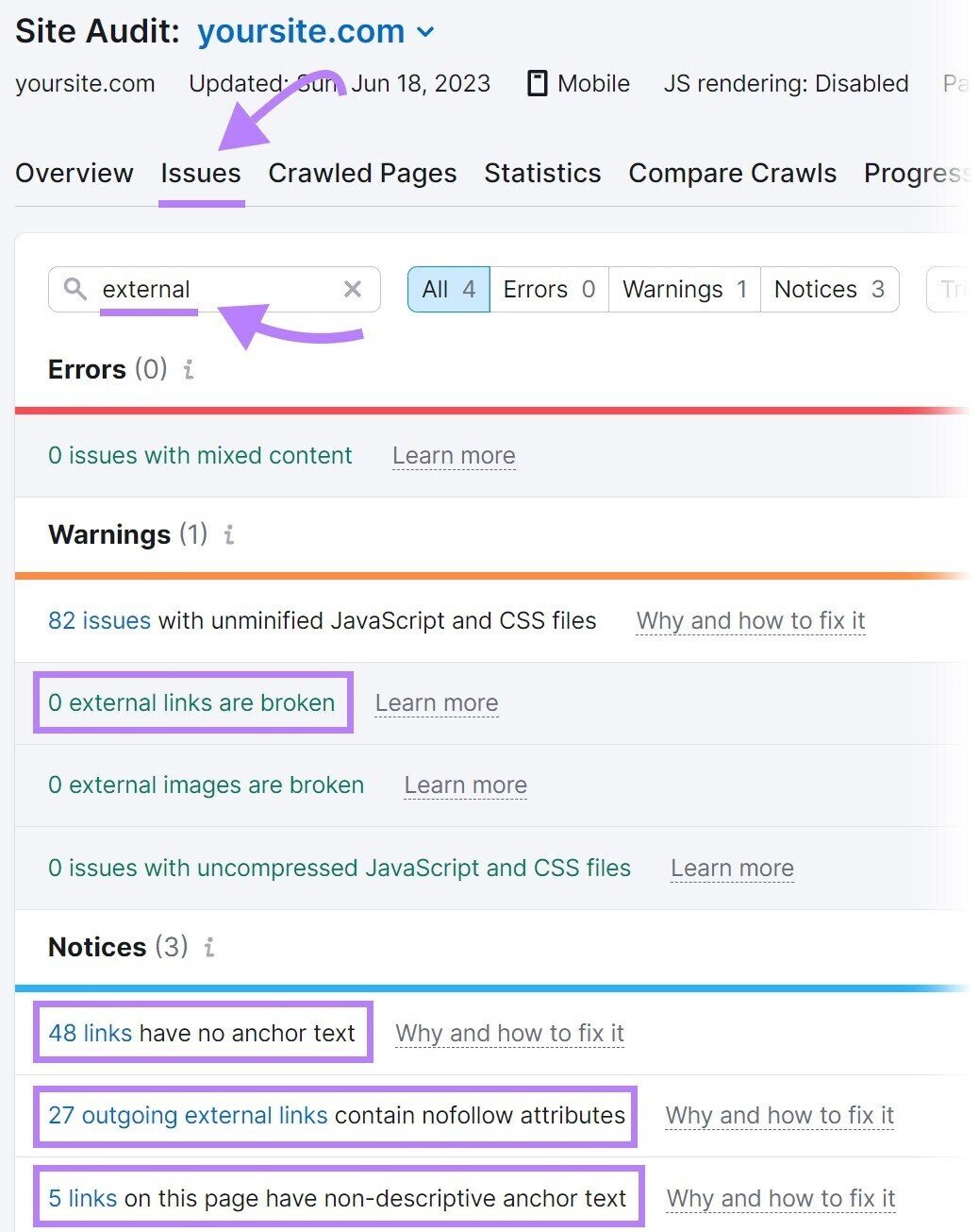 &ldquo;Issues&rdquo; tab with &ldquo;external&rdquo; typed in a search bar, showing results for external link issues