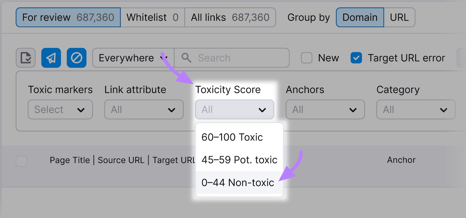 &ldquo;Toxicity Score&rdquo; filter with a drop down menu to choose from