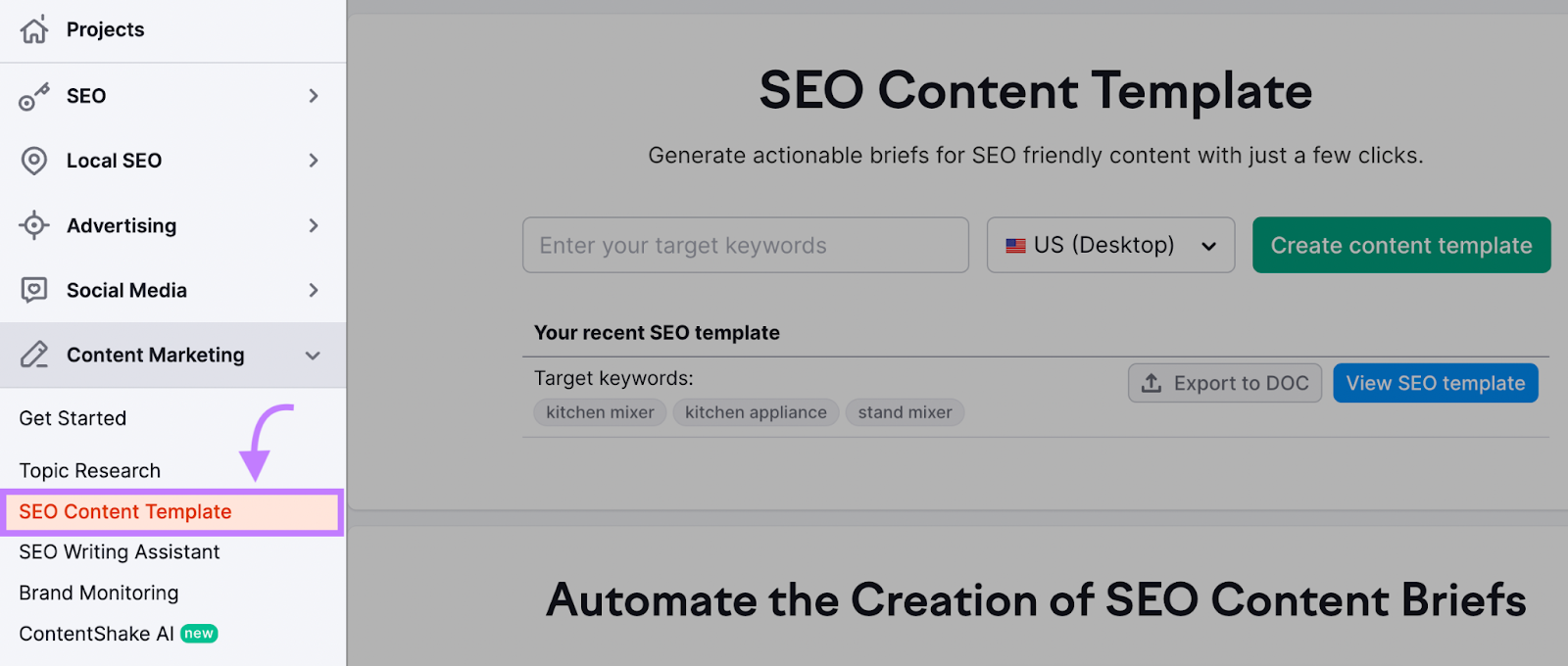 &ldquo;SEO Content Template&rdquo; highlighted in menu