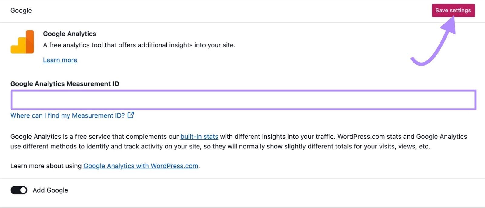 &ldquo;Google Analytics Measurement ID" field