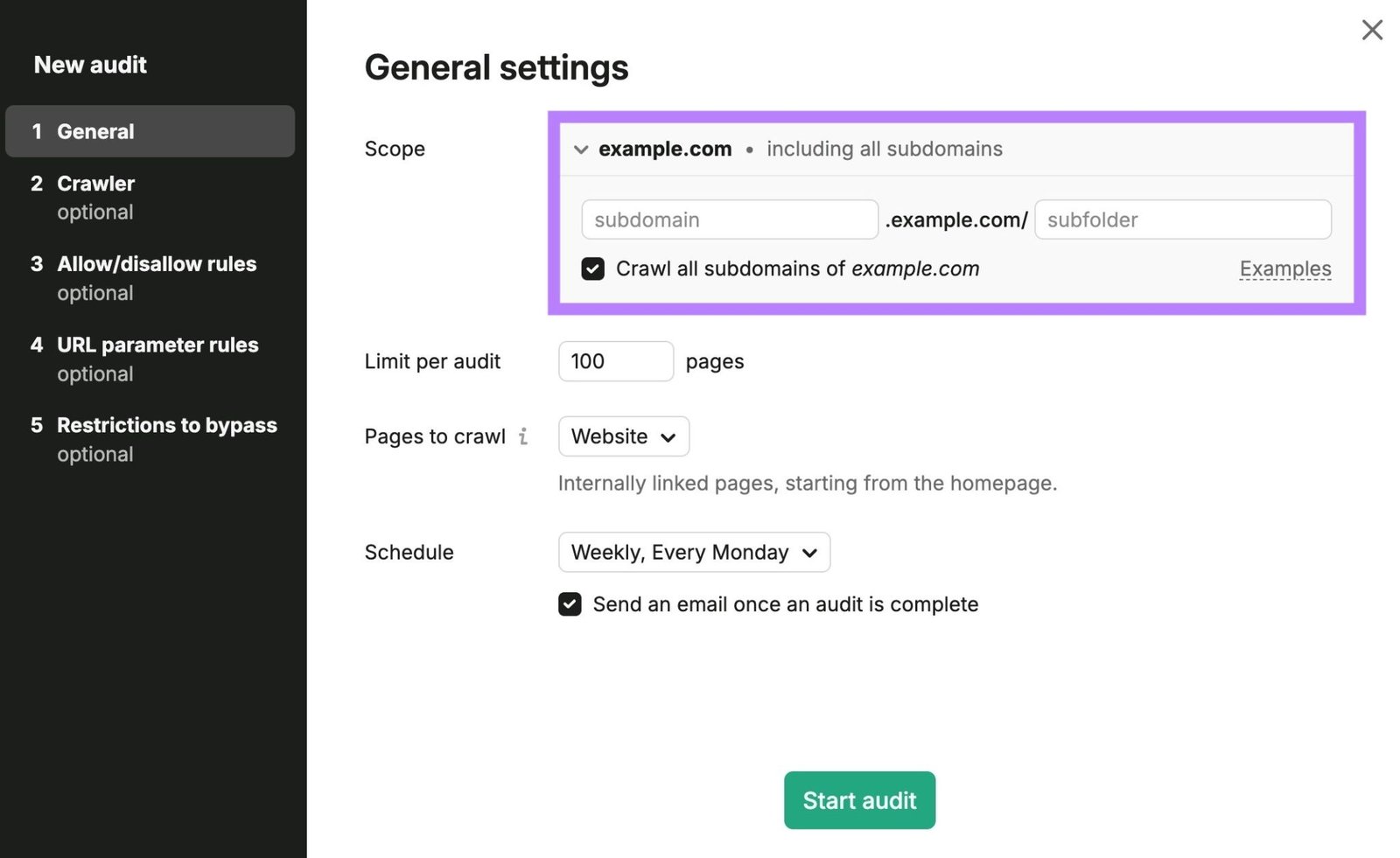 General settings on Site Audit with the "Scope" section to specify folders and subdomains highlighted.