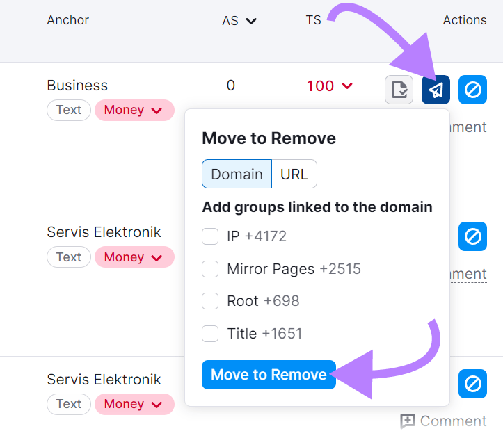 &ldquo;Move to Remove" pop-up in Backlink Audit tool