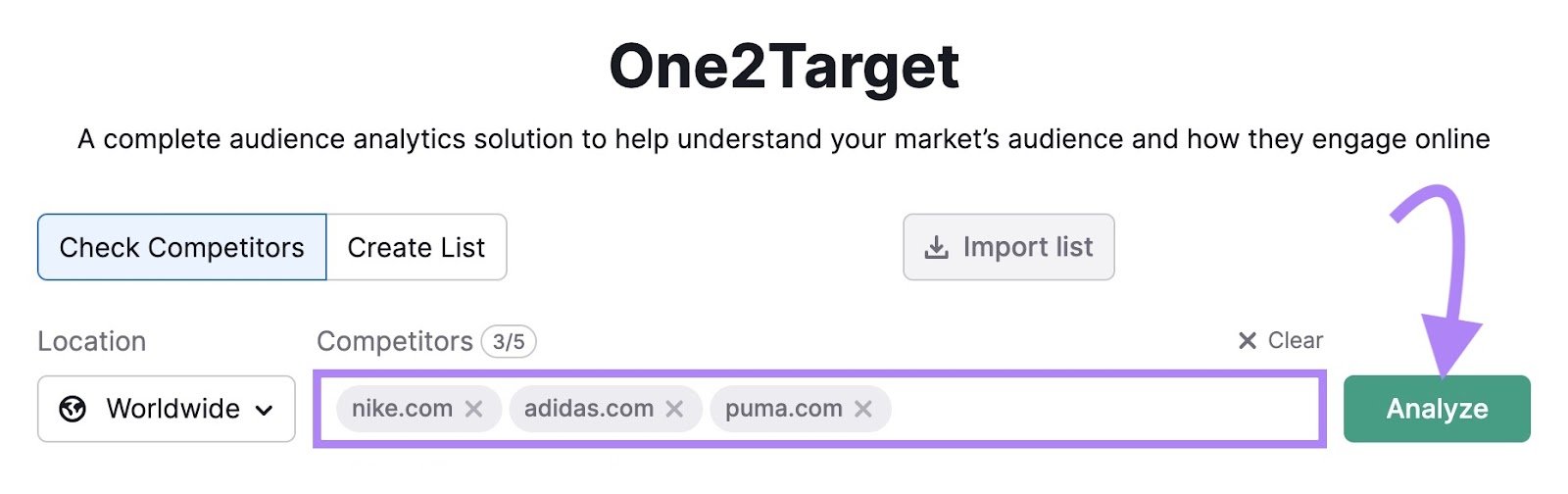 One2Target tool interface with &ldquo;nike.com,&rdquo; &ldquo;adidas.com,&rdquo; and &ldquo;puma.com&rdquo; entered in the domain bar.