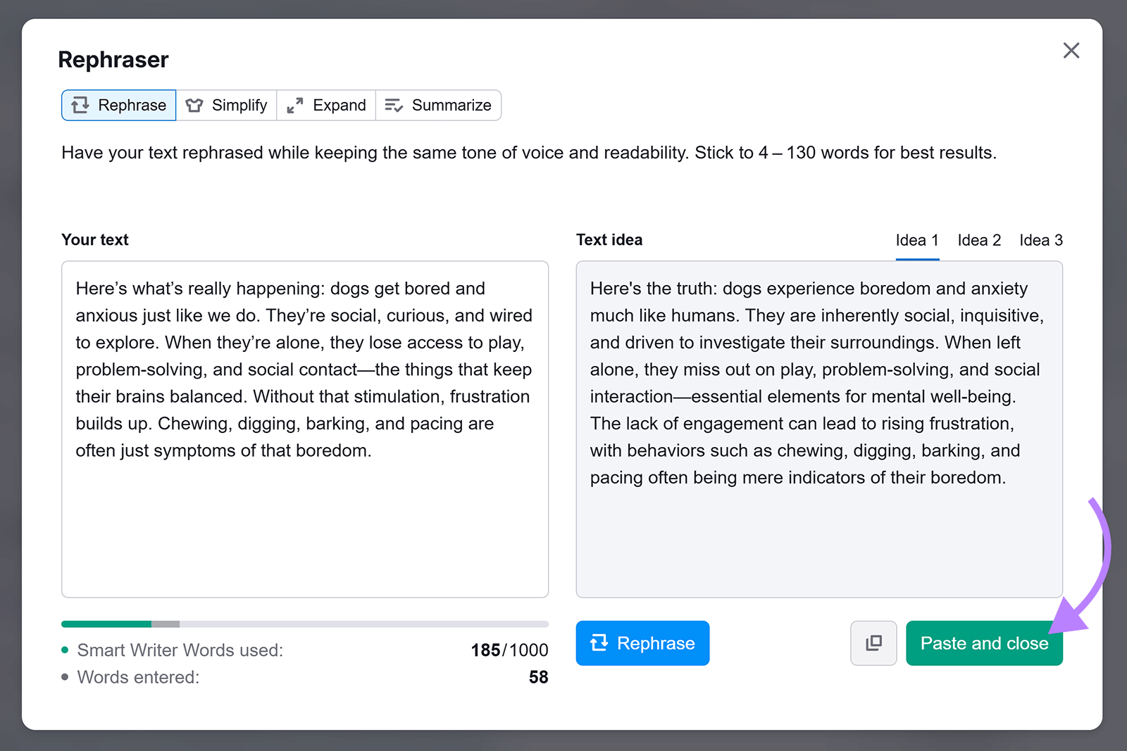 Rephraser tool with original and AI-suggested text with arrow pointing to &ldquo;Paste and close&rdquo; button.