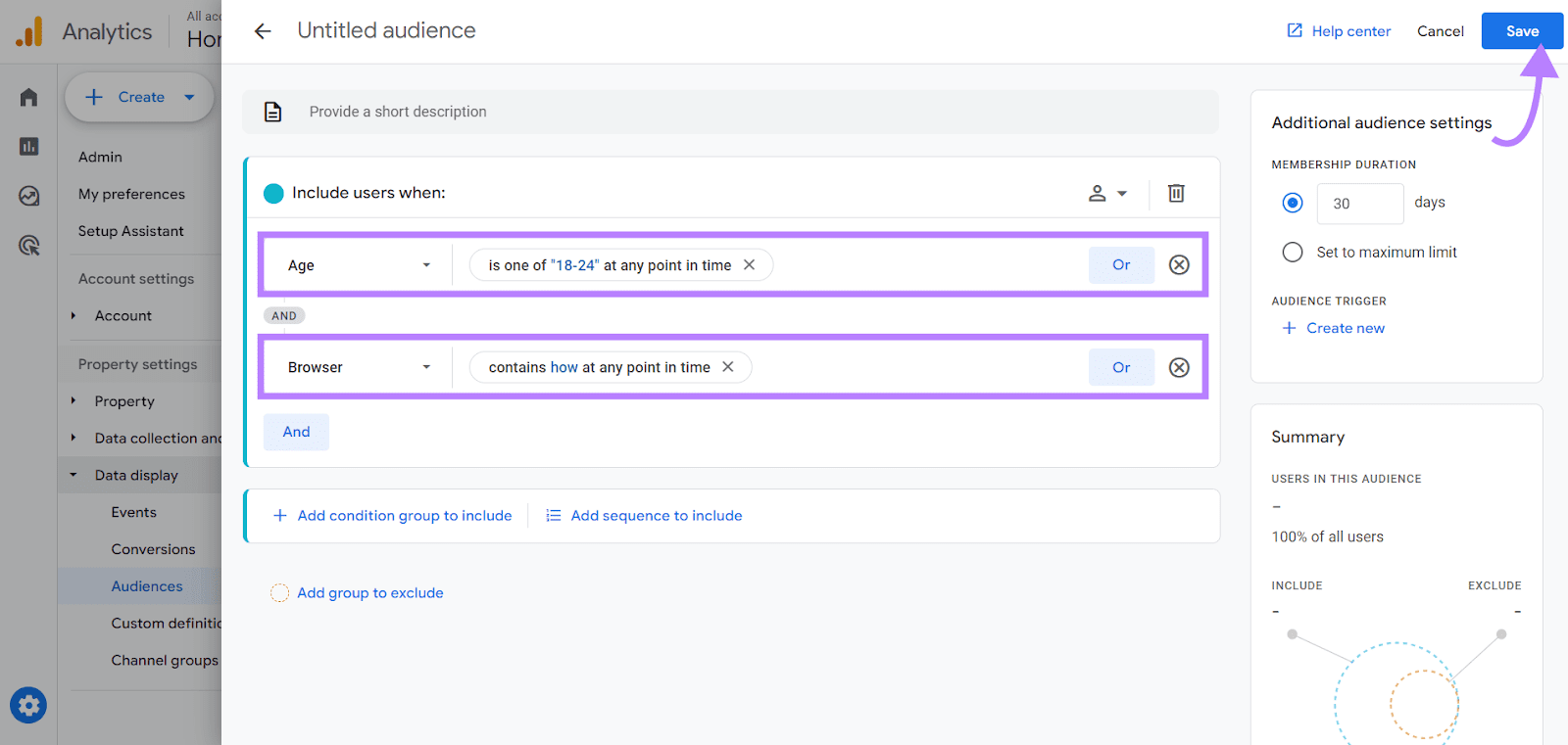 Choosing users between &ldquo;18-24&rdquo; whose browser search queries contain &ldquo;how&rdquo; at any time