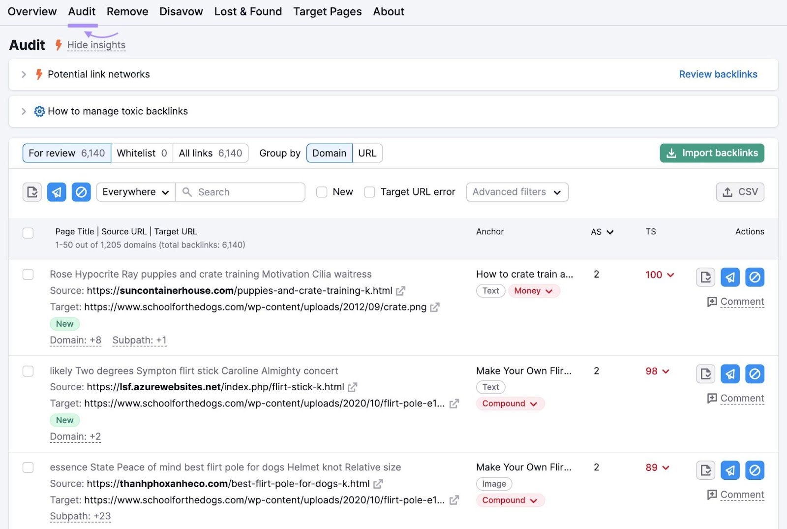&ldquo;Audit&rdquo; tab in Backlink Audit tool
