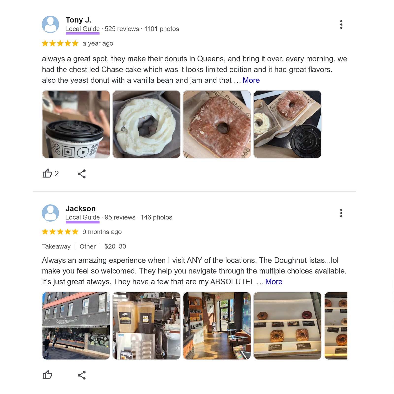 Two Google Local Guide reviews with star ratings, review text, and photos of donuts and caf&eacute; interiors