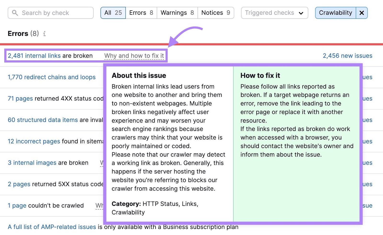 Crawlability issues with &ldquo;Why and how to fix it&rdquo; next to broken internal link issues clicked, showing tips on how to resolve the issue.