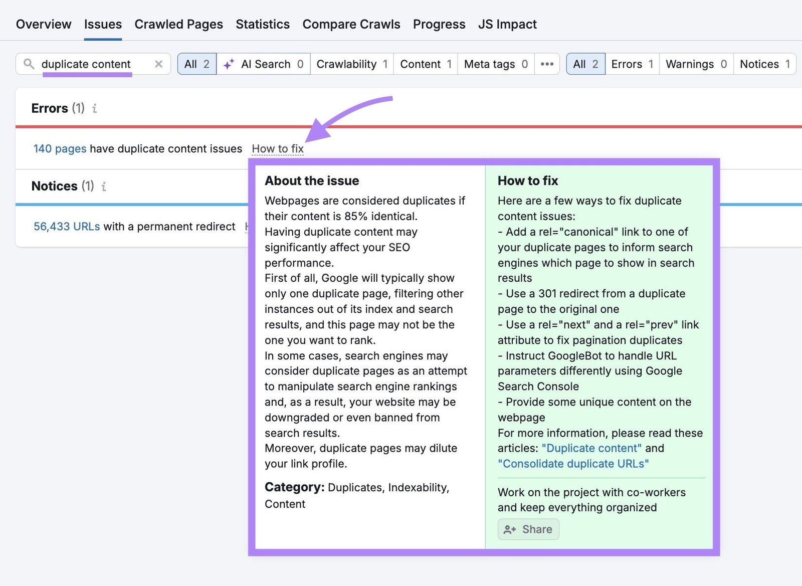 Site Audit tool showing a duplicate content issue with the &ldquo;Why and how to fix it&rdquo; panel open.