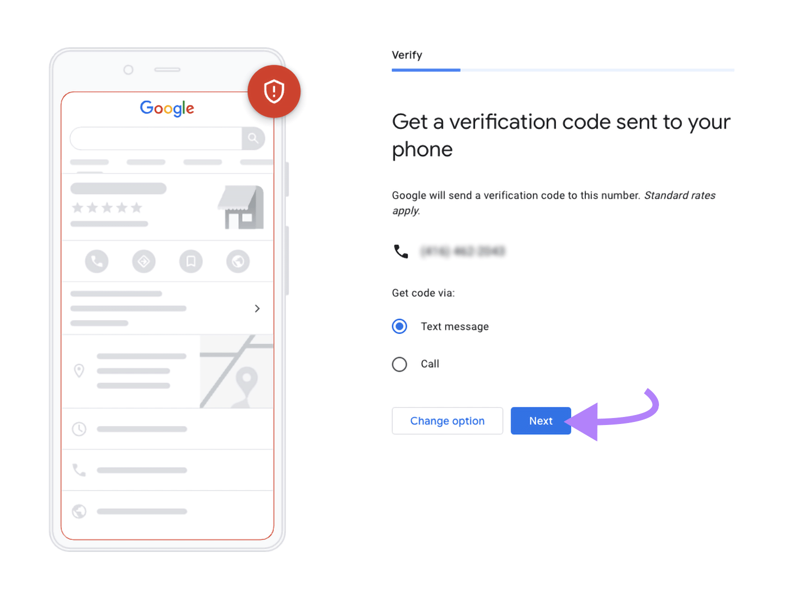Verification screen showing text message option selected and arrow pointing to &ldquo;Next.&rdquo;