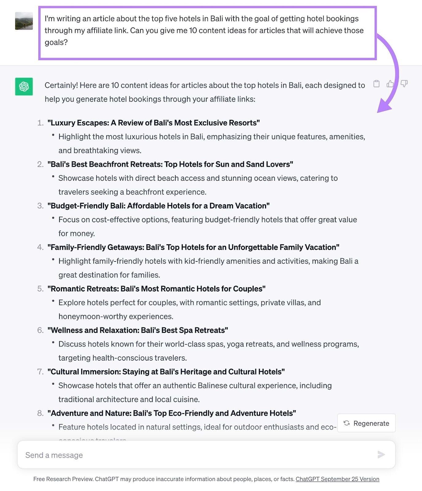 ChatGPT's response to &ldquo;I'm writing an article about the top five hotels in Bali with the goal of getting hotel bookings through my affiliate link. Can you give me 10 content ideas for articles that will achieve those goals?&rdquo; prompt