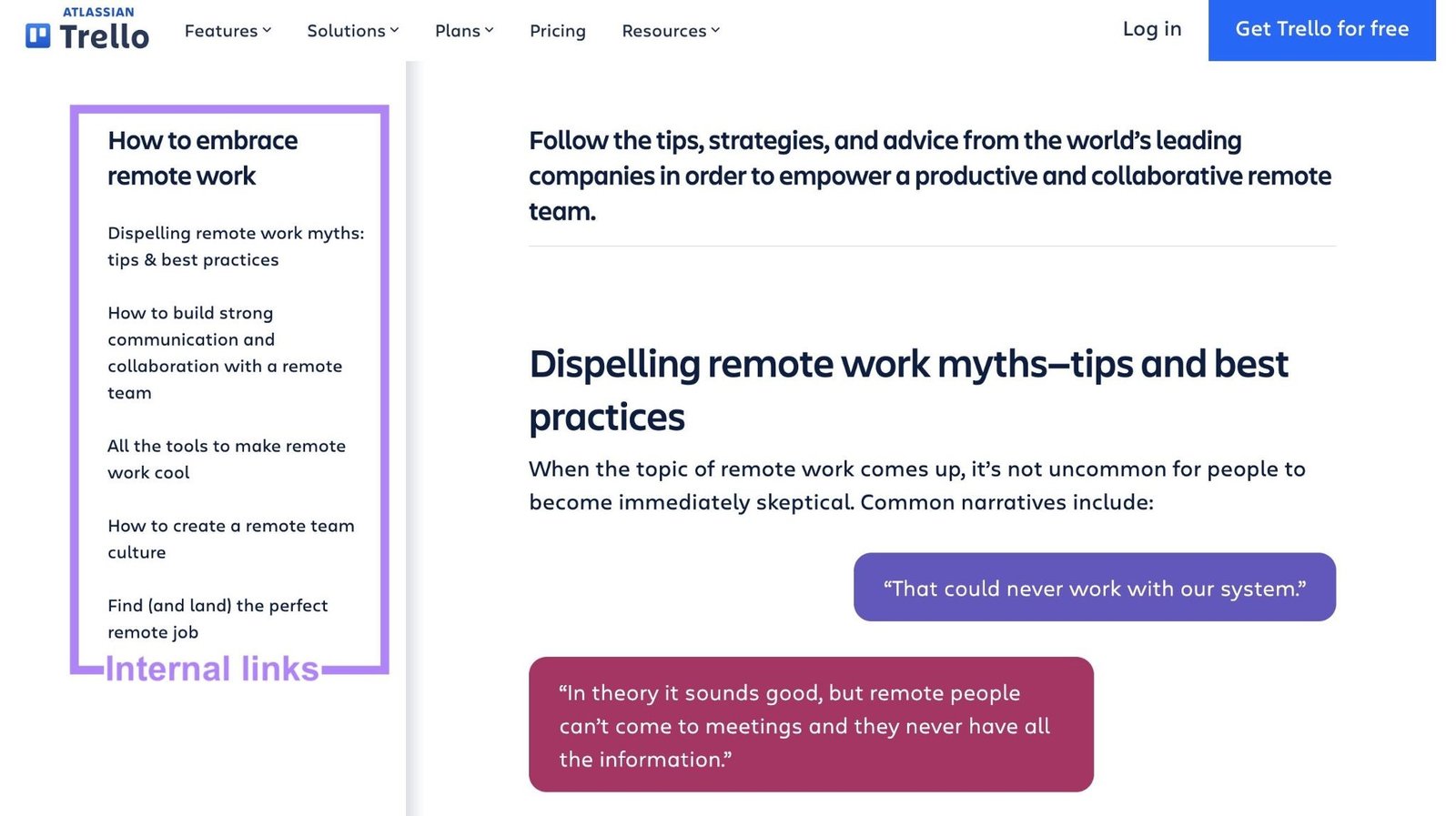 A remote work guide by Trello with the subpages on the left-hand side highlighted.
