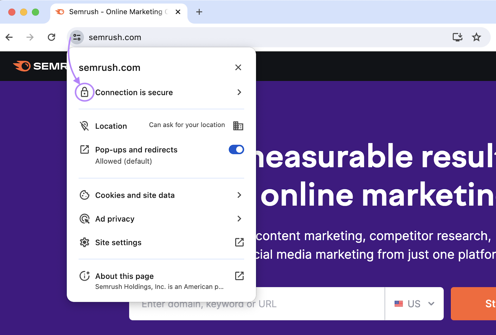"Connection is secure" padlock next to the "semrush.com" in the browser&rsquo;s address bar