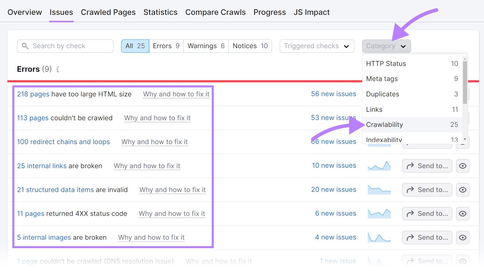 &ldquo;Crawlability&rdquo; selected from the &ldquo;Category&rdquo; drop-down menu in Site Audit