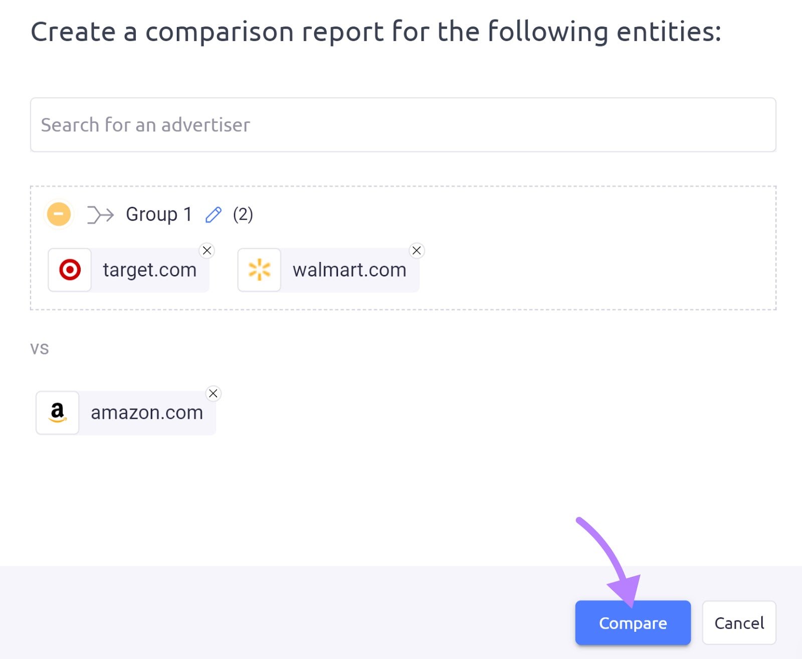 "target.com," "walmart.com" and "amazon.com" entered into AdClarity tool