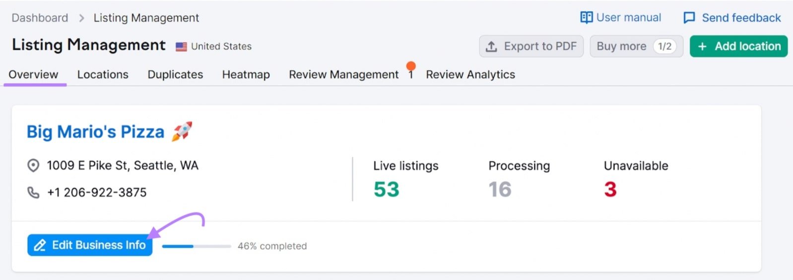 &ldquo;Edit Business Info&rdquo; button in Listing Management dashboard