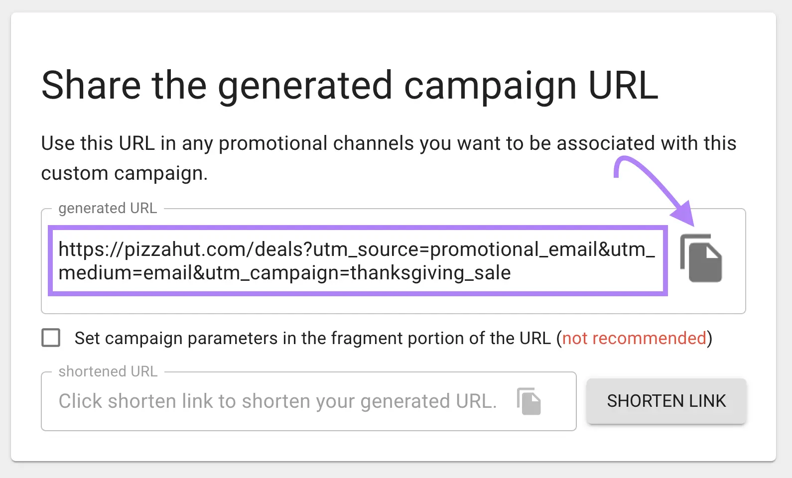 a custom generated URL on Google&rsquo;s Campaign URL Builder with the copy icon highlighted