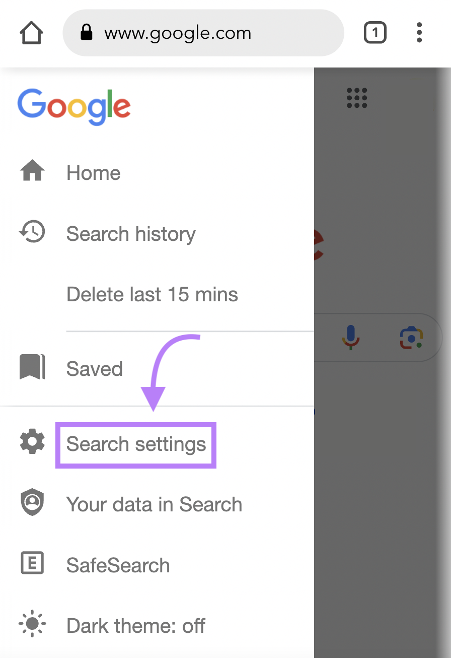 Google &ldquo;Search settings&rdquo; button highlighted in purple