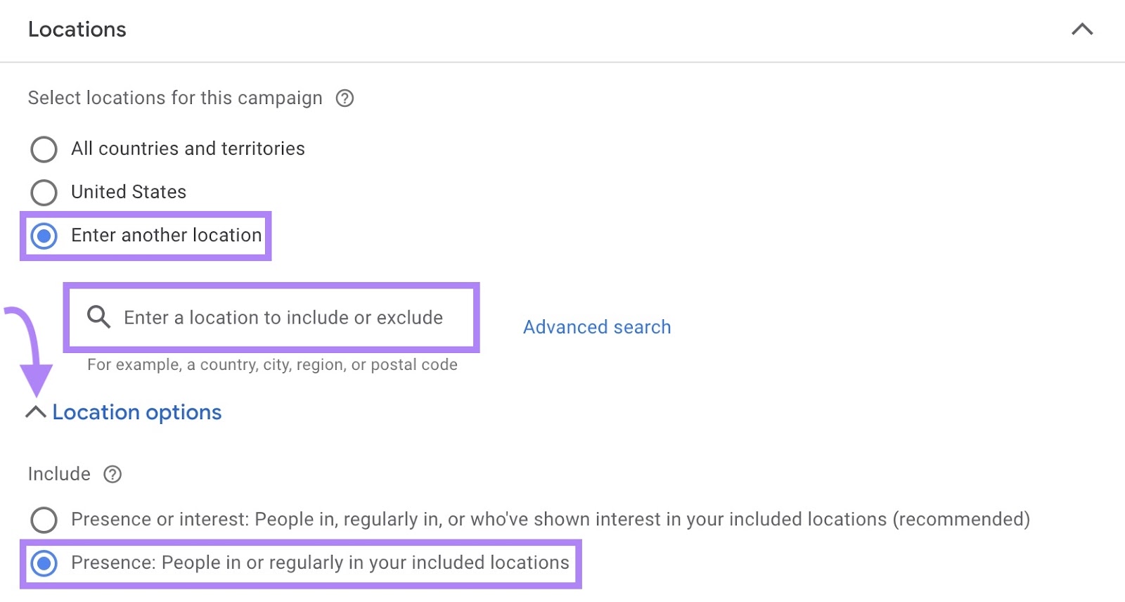 Locations settings page with "Enter another location" and &ldquo;Presence: People in or regularly in your targeted locations&rdquo; selected.
