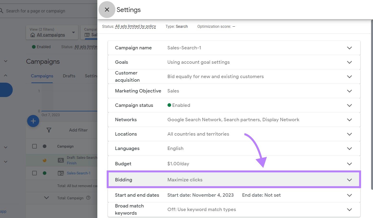 &ldquo;Bidding" option highlighted under Campaign Settings