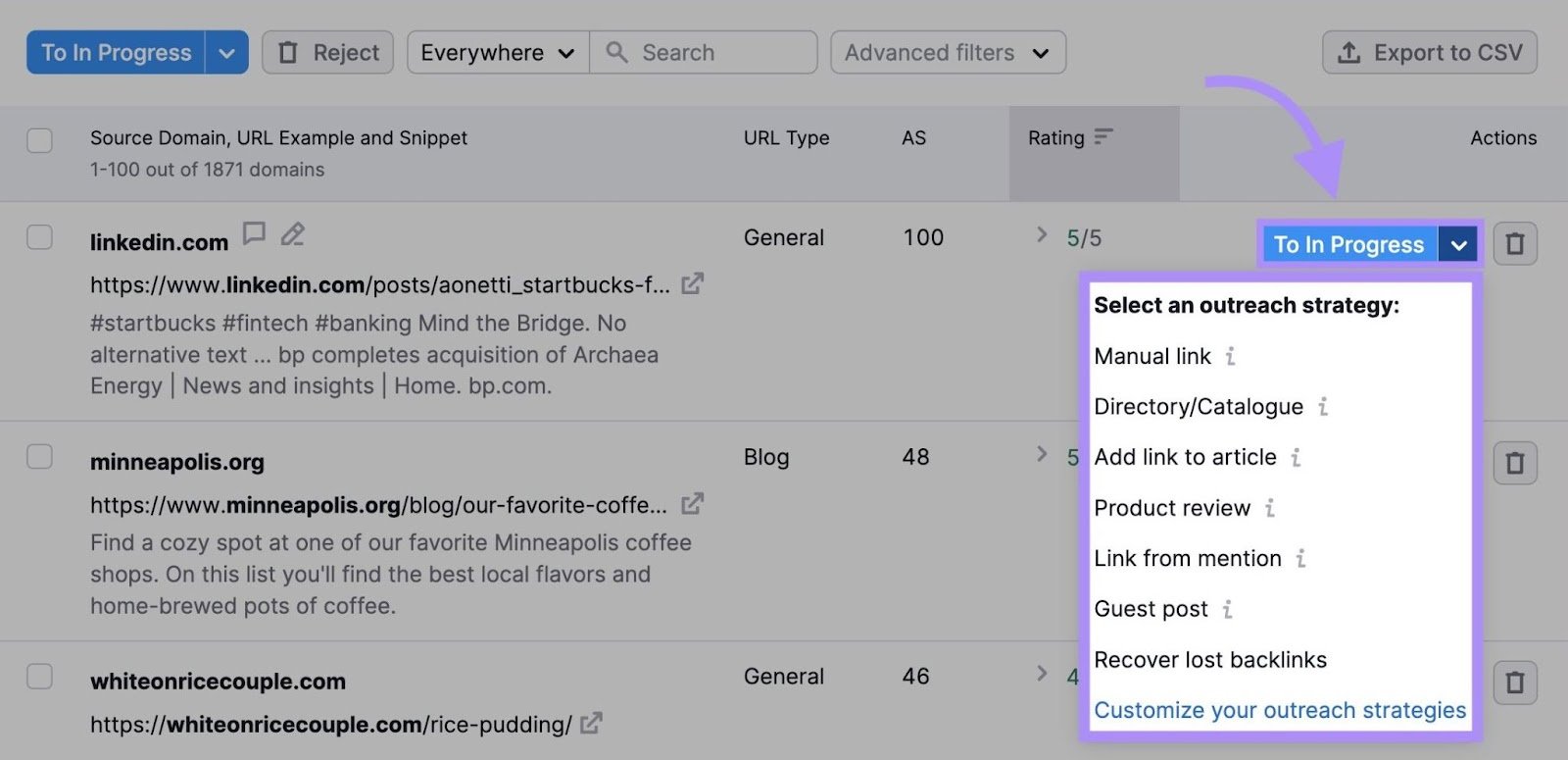 &ldquo;To In Progress&rdquo; drop-down menu in Link Building tool