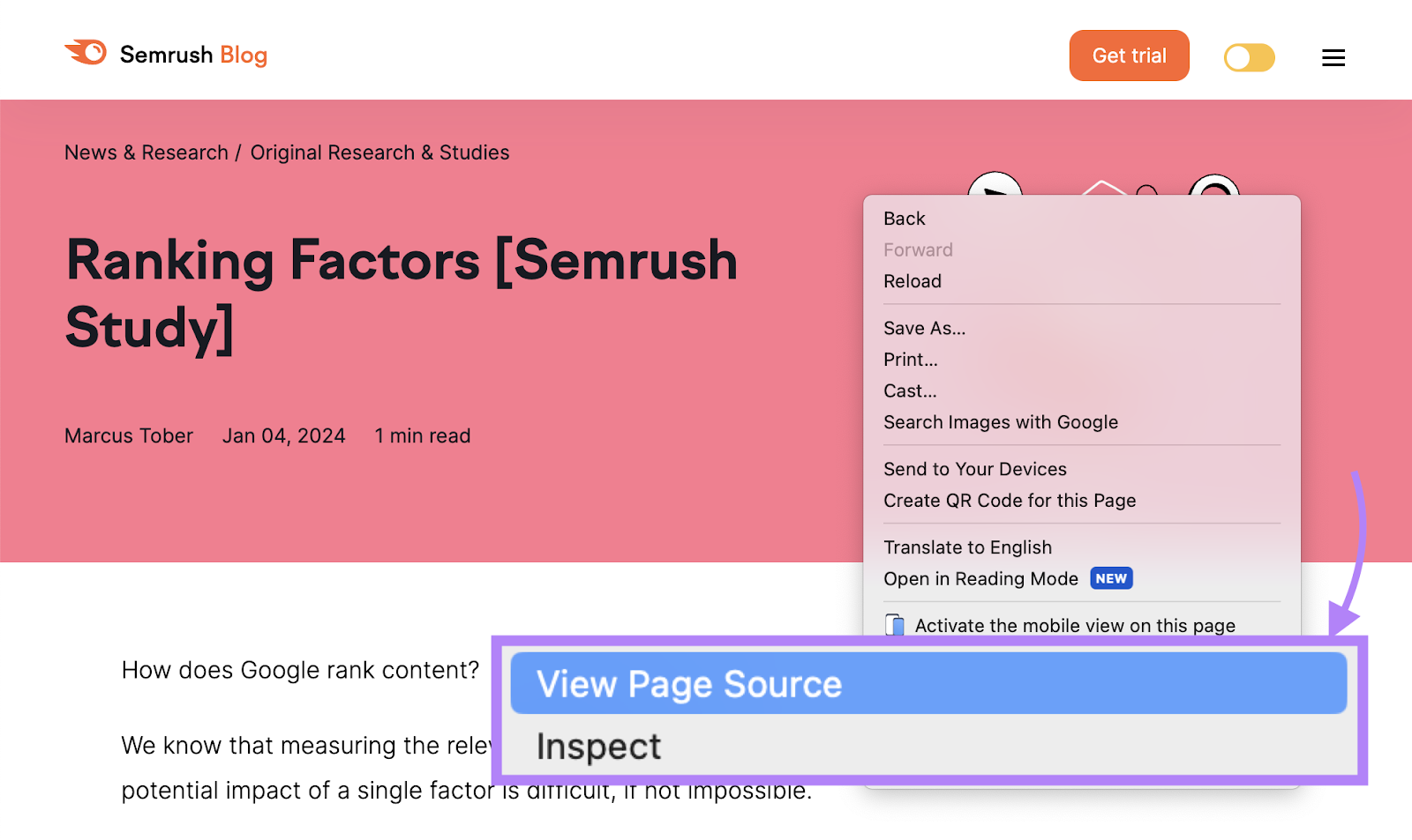 &ldquo;View Page Source&rdquo; button on Semrush Blog page