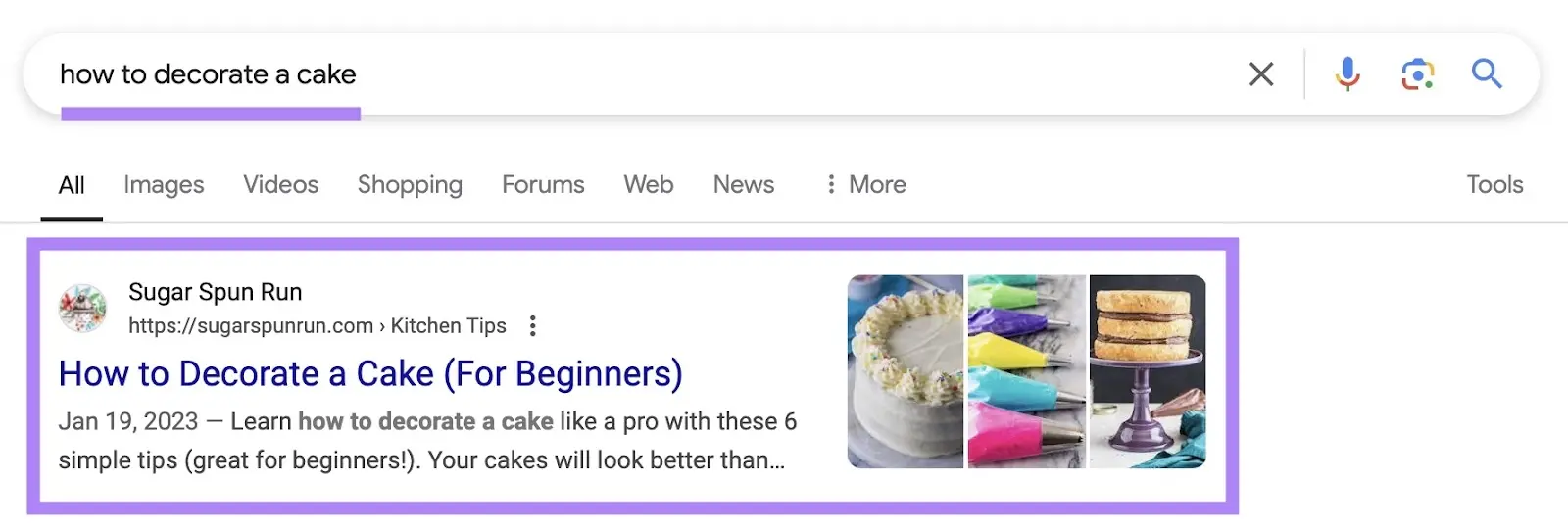 Google search result snippet for &ldquo;How to Decorate a Cake&rdquo; with images of decorated cakes and piping bags.