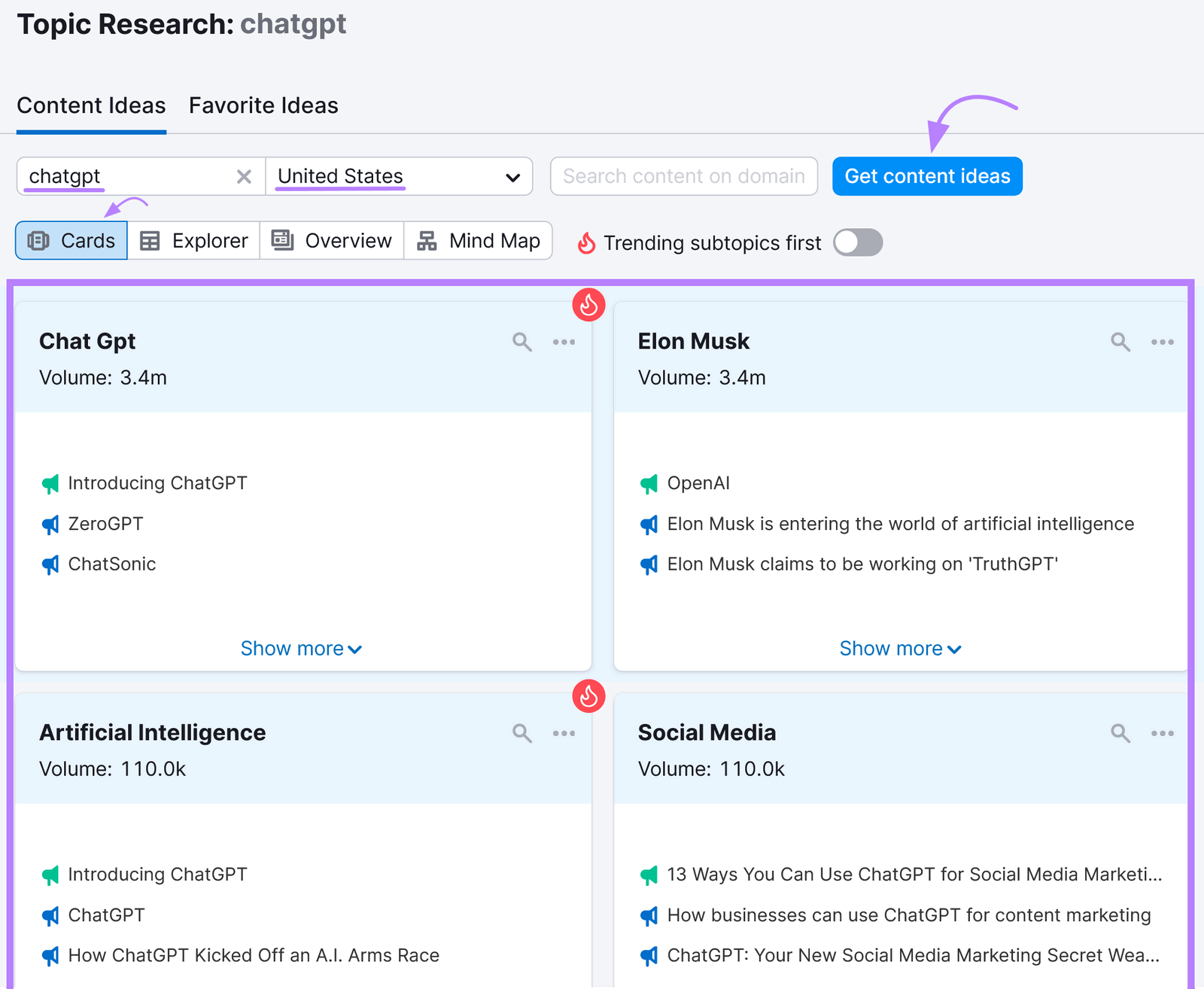 &ldquo;Get content ideas&rdquo; with Topic Research tool