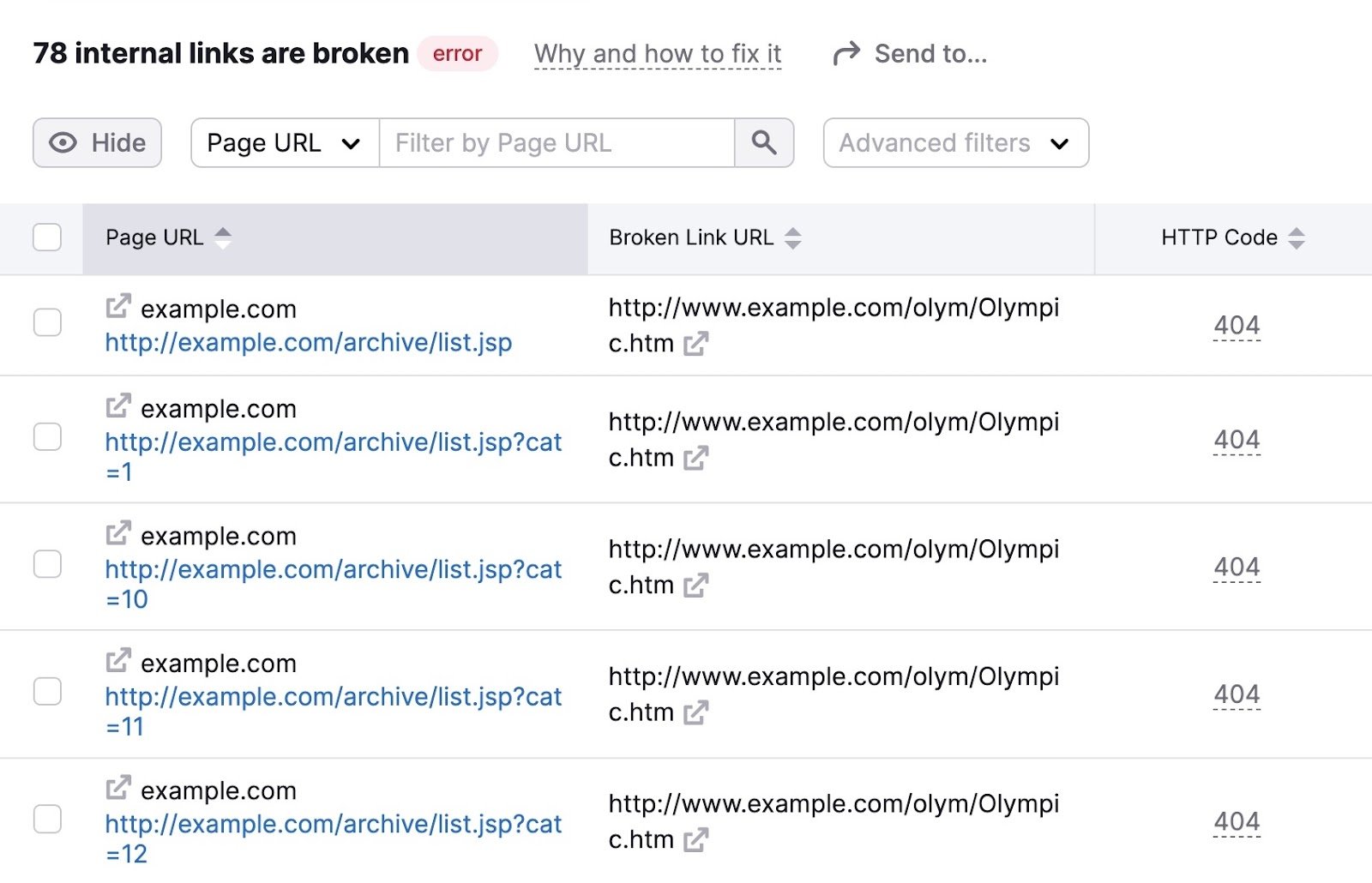 Pages with broken internal links on Site Audit with columns for the page URL, broken link URL, and HTTP code.