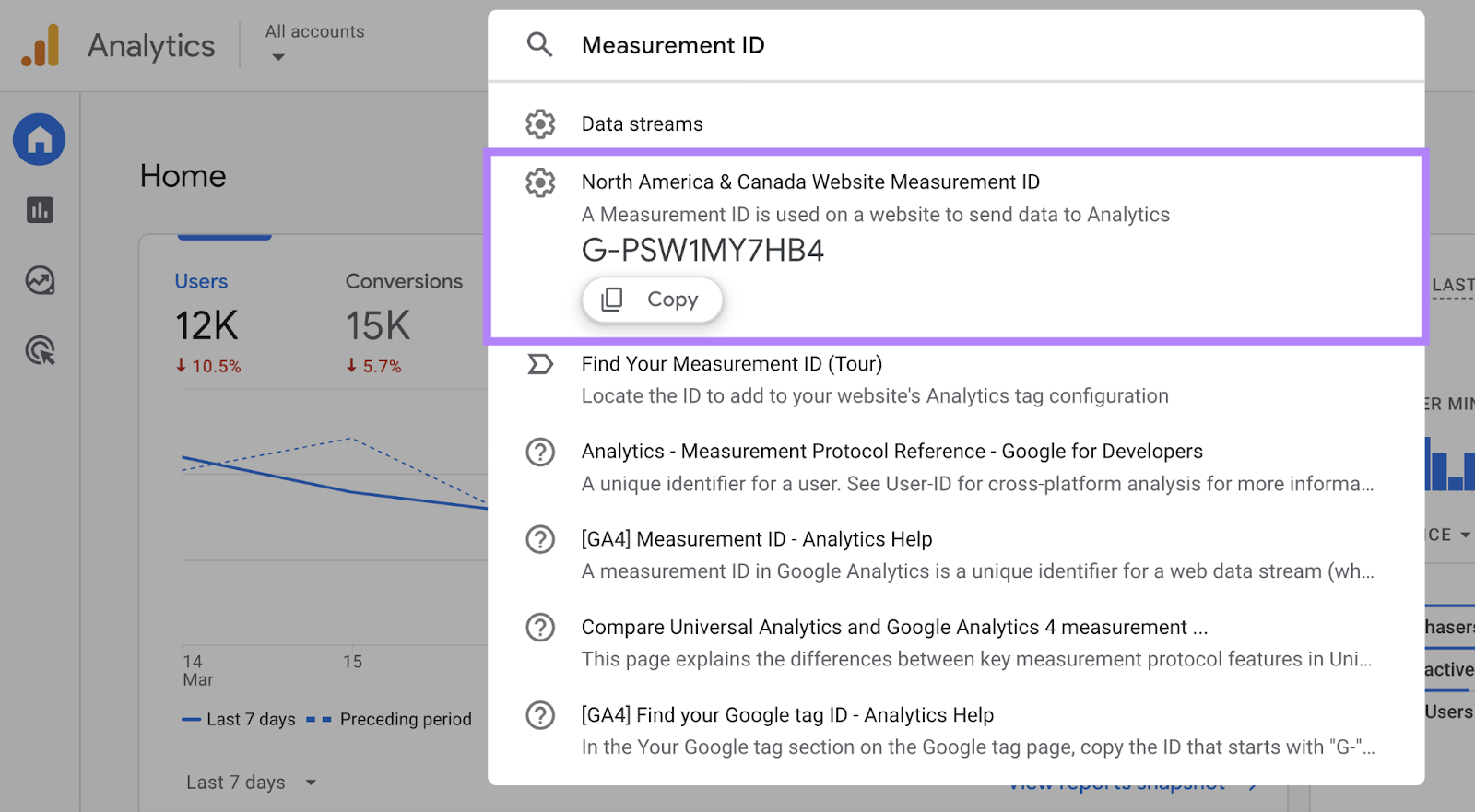 &ldquo;measurement ID&rdquo; in the GA search bar and the relevant result highlighted