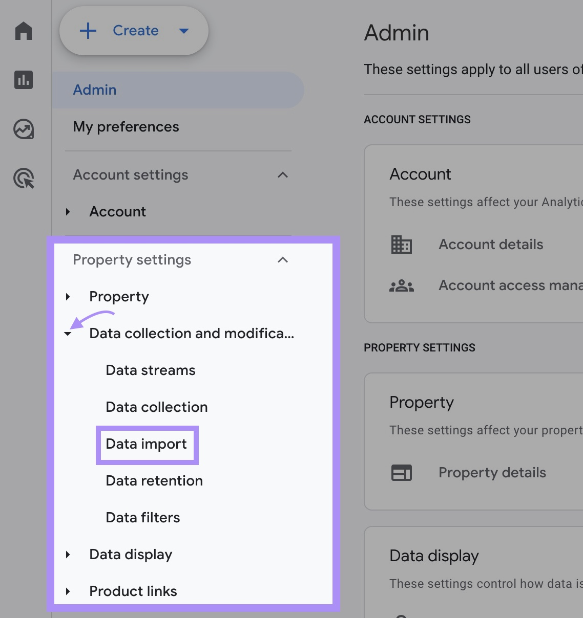 &ldquo;Property settings" window in GA4