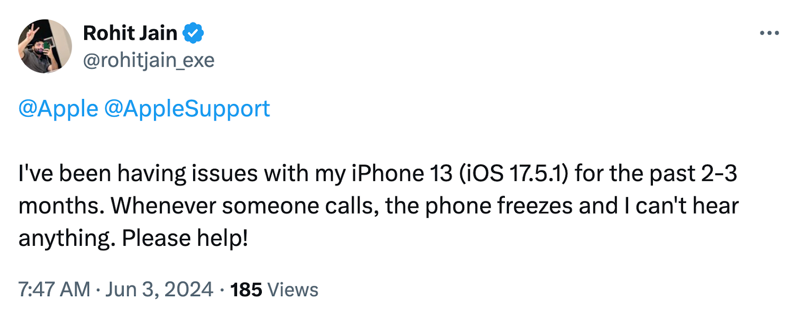 Tweet to Apple customer service asking for support to unfreeze an iPhone 13