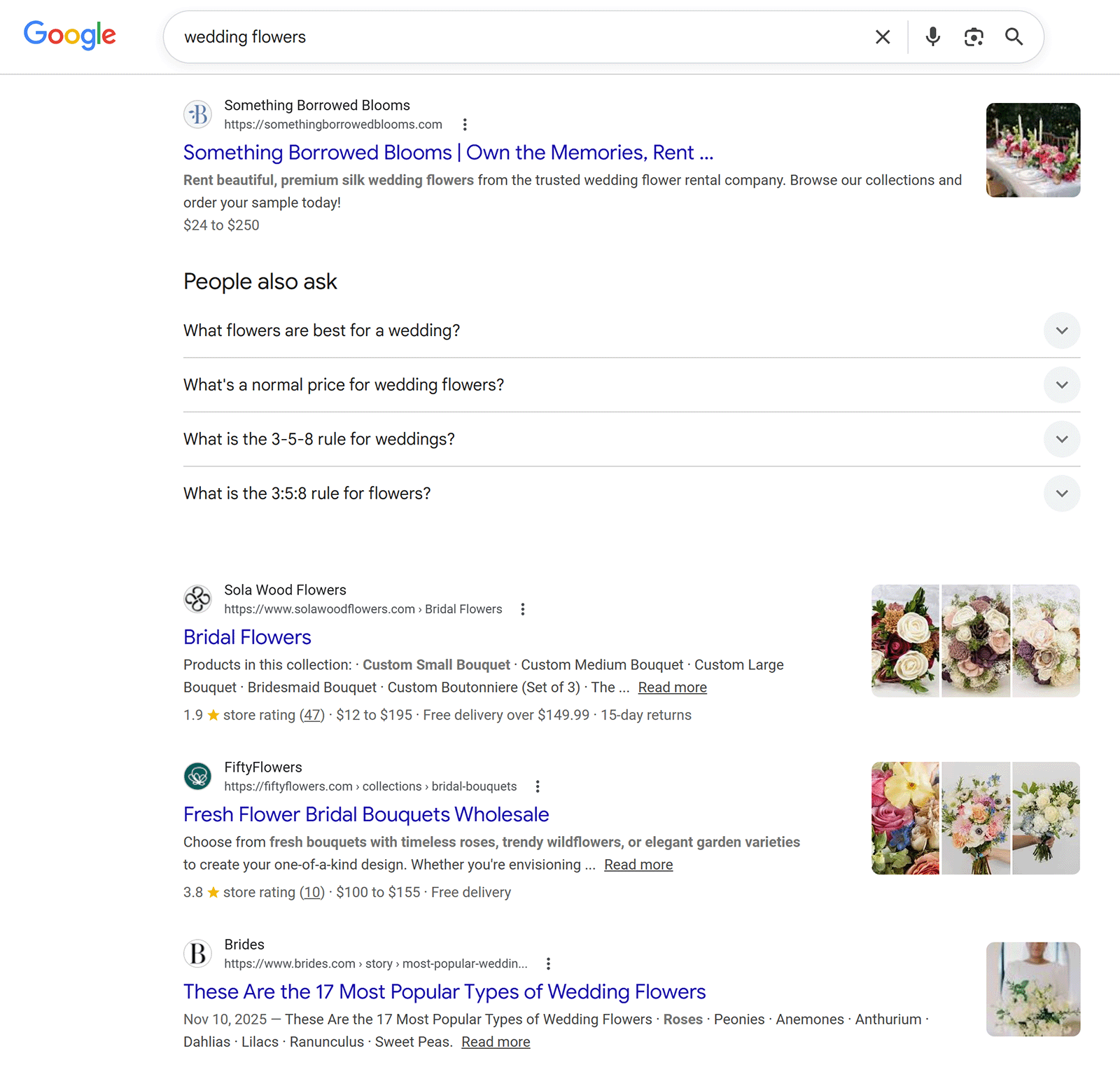 Google search results for &ldquo;wedding flowers&rdquo; with organic listings and People Also Ask section.