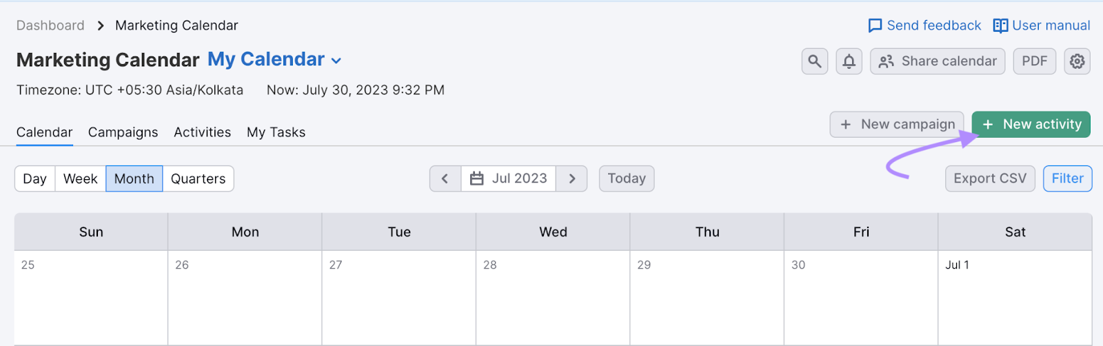 &ldquo;+ New activity&rdquo; button in Marketing Calendar
