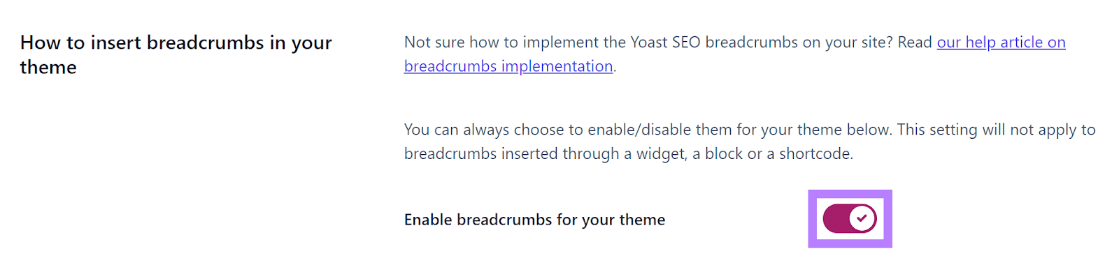 Breadcrumbs settings page in Yoast SEO, with the &ldquo;Enable breadcrumbs for your theme&rdquo; option highlighted