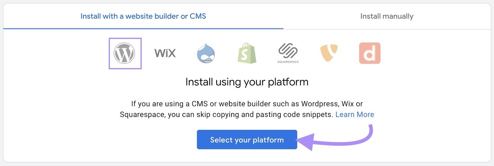&ldquo;Install with a website builder or CMS" tab