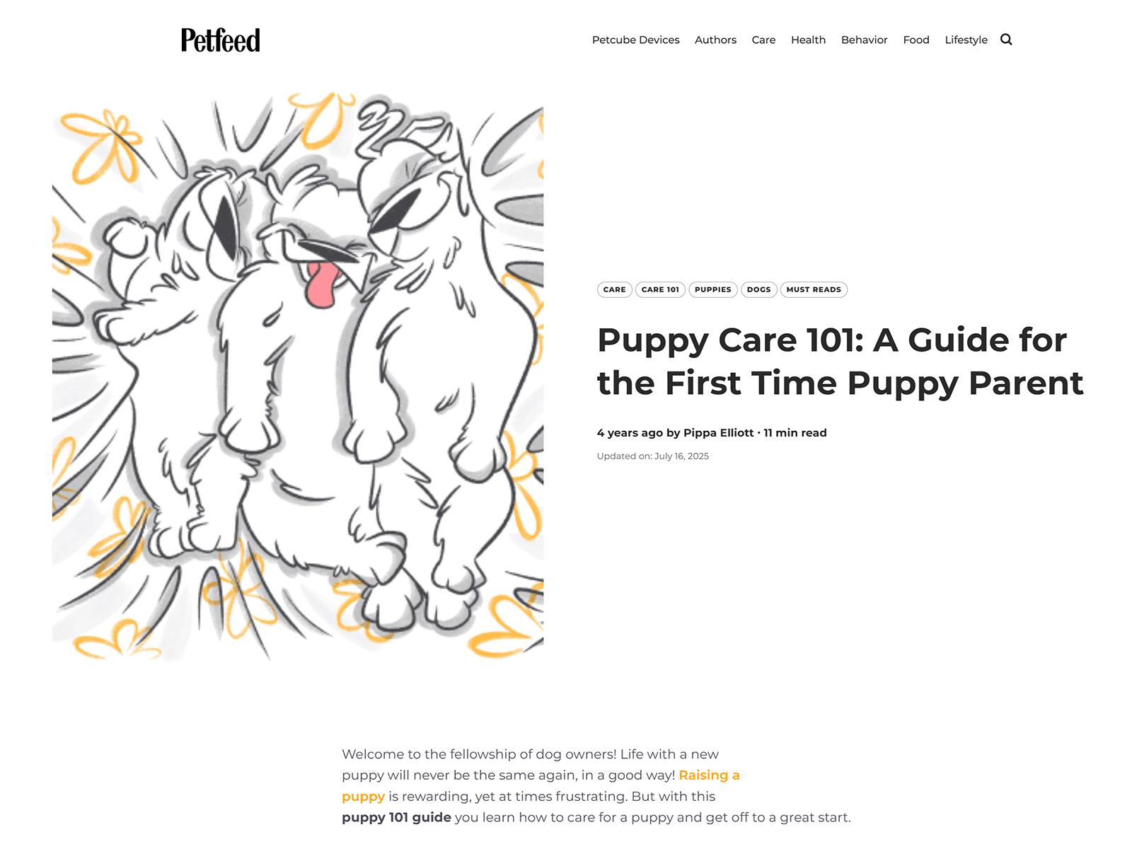 Petfeed pillar article titled &ldquo;Puppy Care 101: A Guide for the First Time Puppy Parent&rdquo;